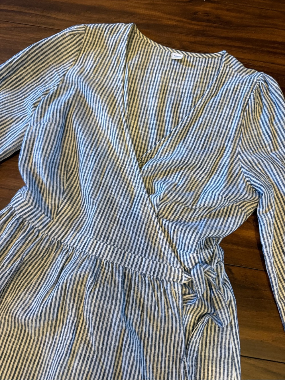 Old Navy Blue and White Striped Wrap-Style Long Sleeve Dress